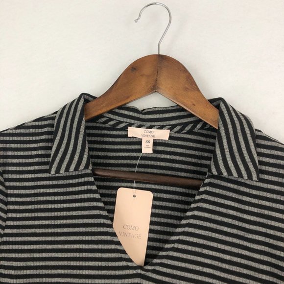 Como Vintage NWT Women's Size X-Small Black Grey Striped V-Neck Collared Dress - Picture 2 of 10